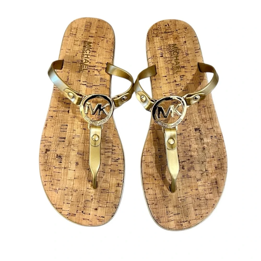 MICHAEL Michael Kors jelly flip-flops gold tone logo cork slip-on sandals size 8